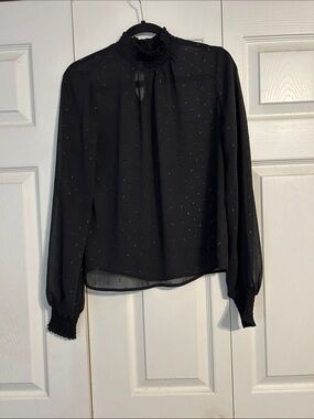 EXPRESS Semi-Sheer Black Smocked High Neck Blouse Small Metallic Keyhole
